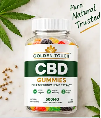 Golden Touch CBD Gummies bottle, 500MG full spectrum hemp extract, surrounded by hemp leaves